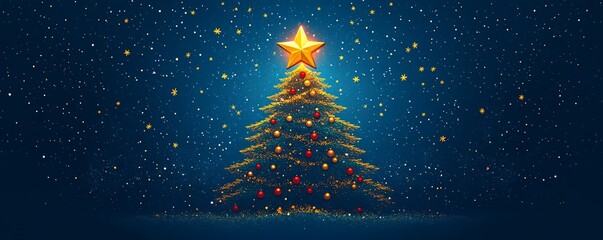 Wall Mural - A beautifully decorated Christmas tree with colorful lights and a glowing star on top, set against a snowy winter backdrop.