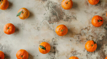 Sticker - A rustic background showing bright orange tangerines spread sporadically, each offering a touch of green leaf against a textured, weathered surface.