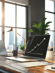Leinwandbilder - Bright and airy modern office with large windows showcasing a growth chart on the laptop, highlighting productivity and a focus on business success. Generative AI
