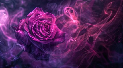 Wall Mural - A glowing pink rose surrounded by swirling smoke, creating a mystical and enchanting floral image with vibrant colors.