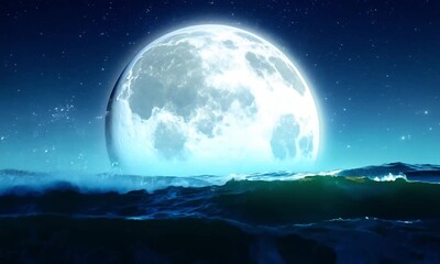 Wall Mural - A moonlit night over the ocean with a giant, glowing full moon casting silver light on the gentle wave