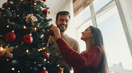 Wall Mural - Cinematic medium shot of a couple decorating a Christmas tree together, under natural light