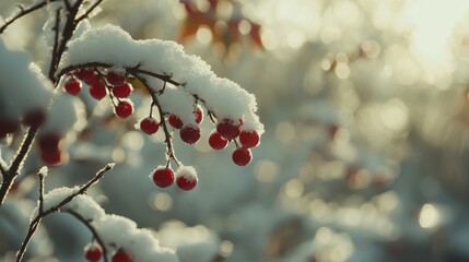 Wall Mural - Cinematic medium shot of a snow-covered rowanberry bush, under natural light