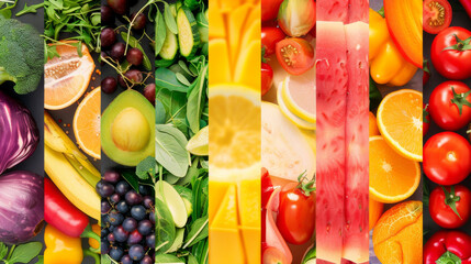 Wall Mural - An assorted display of colorful fruits and vegetables arranged in vertical strips, creating a vibrant and healthy visual feast.