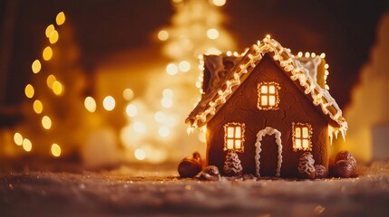 Wall Mural - Cinematic low angle shot of a gingerbread house with twinkling lights in the background, illuminated by soft natural light