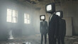 © VK Studio - Silhouetted figures in suits with TV heads stand in an eerie, abandoned room, creating a surreal atmosphere saturated with symbolism.