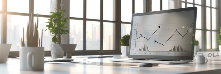 Leinwandbilder - A sleek office showcases a laptop displaying data analysis, surrounded by greenery and natural light streaming through large windows, enhancing productivity. Generative AI