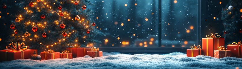 Wall Mural - A cozy winter scene featuring a decorated Christmas tree, glowing lights, and beautifully wrapped gifts in the snow.