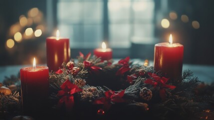 Wall Mural - Cinematic medium shot of a decorated wreath with candles in the background, under natural light