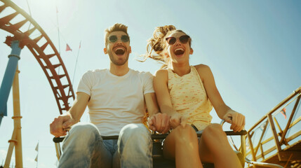 A young couple enjoys a thrilling roller coaster ride, their expressions filled with joy and excitement under a bright blue sky.