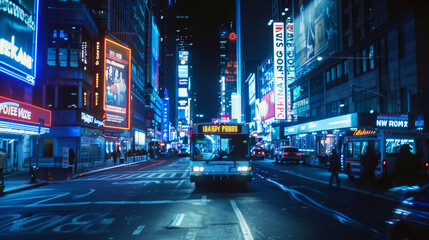 Wall Mural - An illuminated city bus navigates through the bustling, neon-lit streets of a vibrant urban night scene, epitomizing the ever-beating heartbeat of the city.