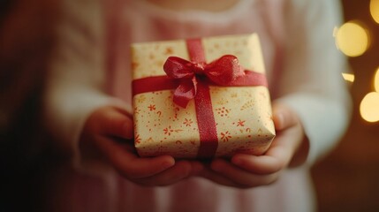 Wall Mural - Cinematic medium shot of a child holding a beautifully wrapped present, under natural light