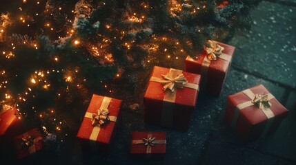 Wall Mural - Cinematic high angle shot of presents under a tree with twinkling lights, lit by natural light