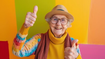 Sticker - Joyful elderly woman giving a thumbs up with a colorful background. Happy senior lady wearing glasses and a hat, expressing positivity and cheerfulness.