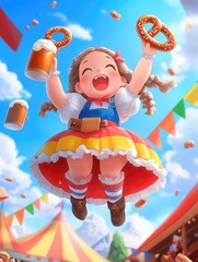 Wall Mural - A joyful girl in traditional attire celebrates at a festive fair, holding pretzels and beer, embodying the spirit of fun and festivity.