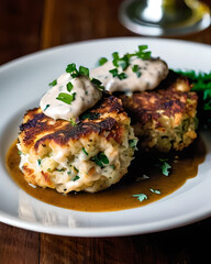 Wall Mural - Opulent crab cakes served with a tangy remoulade sauce