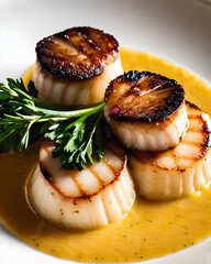 Wall Mural - Gourmet scallops seared to perfection, resting on a bed of creamy polenta