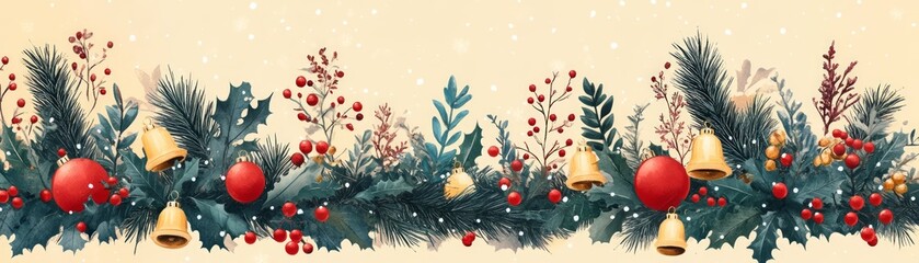 Wall Mural - A festive holiday border featuring evergreen foliage, red decorations, and golden bells, perfect for Christmas-themed designs.