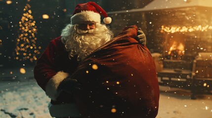 Wall Mural - Cinematic wide shot of Santa's bag being loaded onto a sleigh, captured with soft natural light