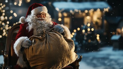 Wall Mural - cinematic wide shot of santa's bag being loaded onto a sleigh, captured with soft natural light