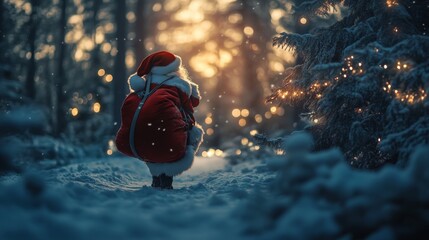 Wall Mural - Cinematic low angle shot of Santa's bag being carried through a snowy forest, illuminated by soft natural light
