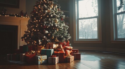 Cinematic wide shot of a Christmas tree with an abundance of presents underneath, captured with soft natural light