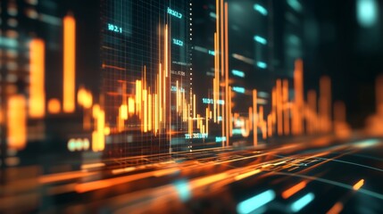 Poster - Abstract 3D financial graph with dynamic lines and bars representing market data.