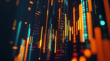 Fototapete - Abstract 3D financial graph with dynamic lines and bars representing market data.
