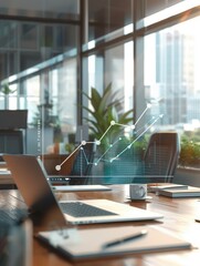 Poster - A well-designed office features large windows that bathe the space in light, showcasing growth charts on a computer screen. Generative AI