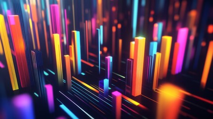 Leinwandbilder - Abstract 3D financial graph with vibrant, colorful bars and lines on a dark background.