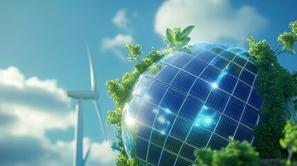 Poster - Abstract 3D globe with solar panels and wind turbines, highlighting environmental sustainability.