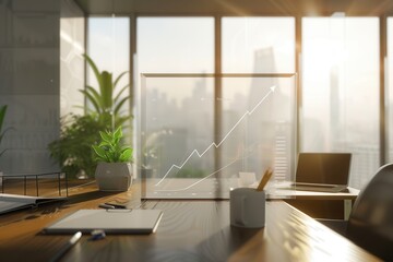 Leinwandbilder - A spacious office features large windows, showcasing natural light and a growth chart symbolizing progress alongside plants and a tidy workspace. Generative AI