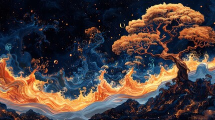 Canvas Print - painting of trees, psychedelic patterns and swirling colors