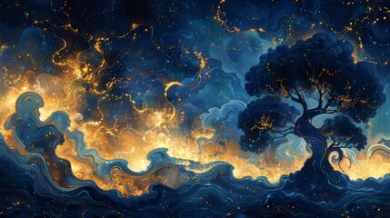 Canvas Print - painting of trees, psychedelic patterns and swirling colors