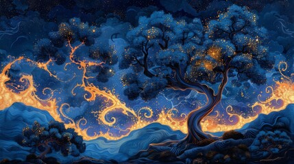 Canvas Print - painting of trees, psychedelic patterns and swirling colors