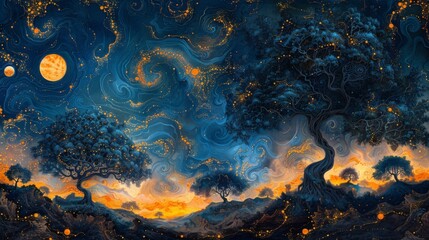 Canvas Print - painting of trees, psychedelic patterns and swirling colors