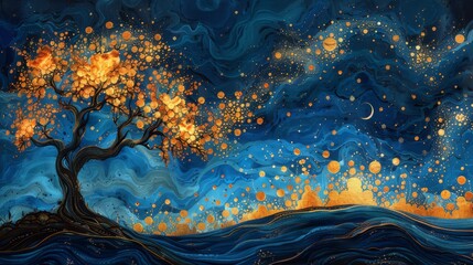 Canvas Print - painting of trees, psychedelic patterns and swirling colors