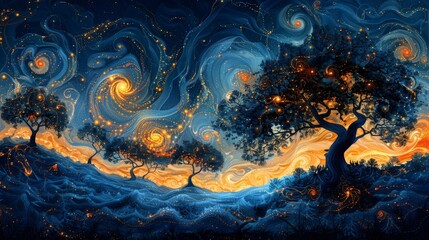 Canvas Print - painting of trees, psychedelic patterns and swirling colors