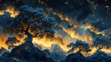 Canvas Print - painting of trees, psychedelic patterns and swirling colors