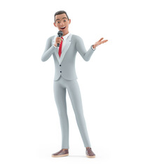 Wall Mural - 3d character businessman speaking into a microphone