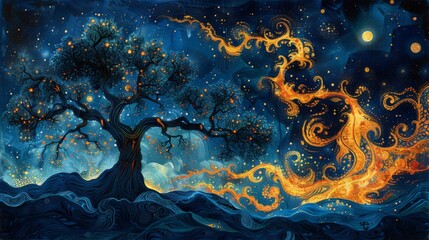 Canvas Print - painting of trees, psychedelic patterns and swirling colors