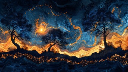 Canvas Print - painting of trees, psychedelic patterns and swirling colors