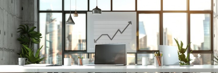 Poster - Bright office features large windows, plants, and charts, creating an inspiring environment for collaboration and focus in an urban landscape. Generative AI