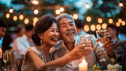 An older couple joyfully toasts with glasses at a festive outdoor gathering surrounded by warm lights