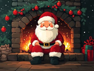 Canvas Print - Cheerful Santa Claus sits by the fireplace, surrounded by gifts and Christmas decorations, spreading joy and holiday spirit.