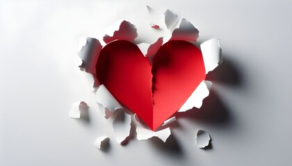 Poster - Heart shaped red hole torn through paper, isolated on white background