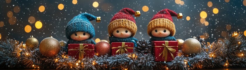 Wall Mural - Cheerful holiday scene featuring three colorful dolls with gifts, surrounded by festive decorations and glowing bokeh lights.