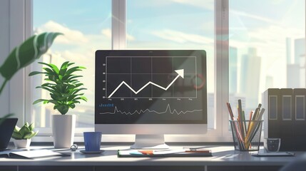 Leinwandbilder - A sleek office space features a large monitor showing a growth chart with increasing trends, illuminated by sunlight from expansive windows. Generative AI