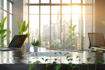 Poster - A sleek office with abundant natural light showcases a digital growth graph beside laptops and greenery, creating an inspiring and productive workspace. Generative AI
