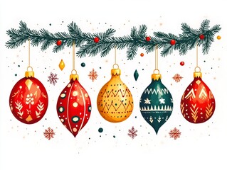 Wall Mural - Colorful Christmas ornaments hanging on a tree branch, creating a festive holiday atmosphere with snowflakes and decorations.